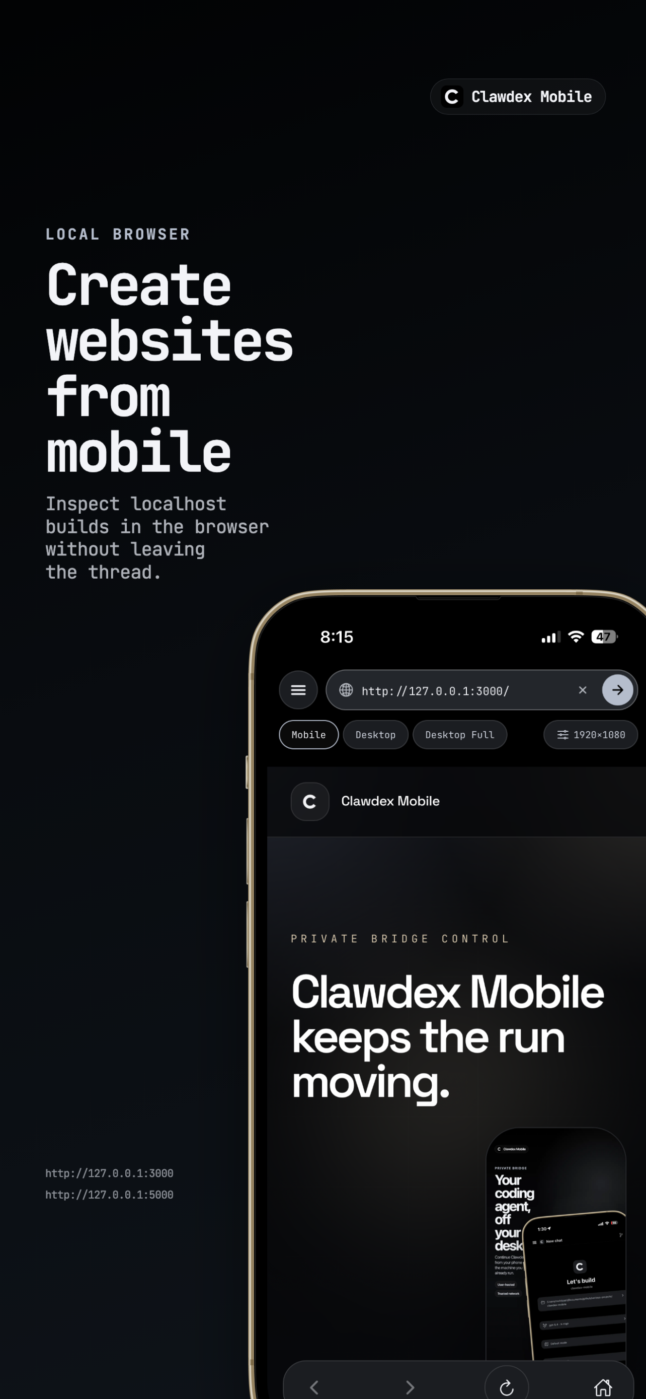 Clawdex Mobile App Store screenshot showing local browser access.