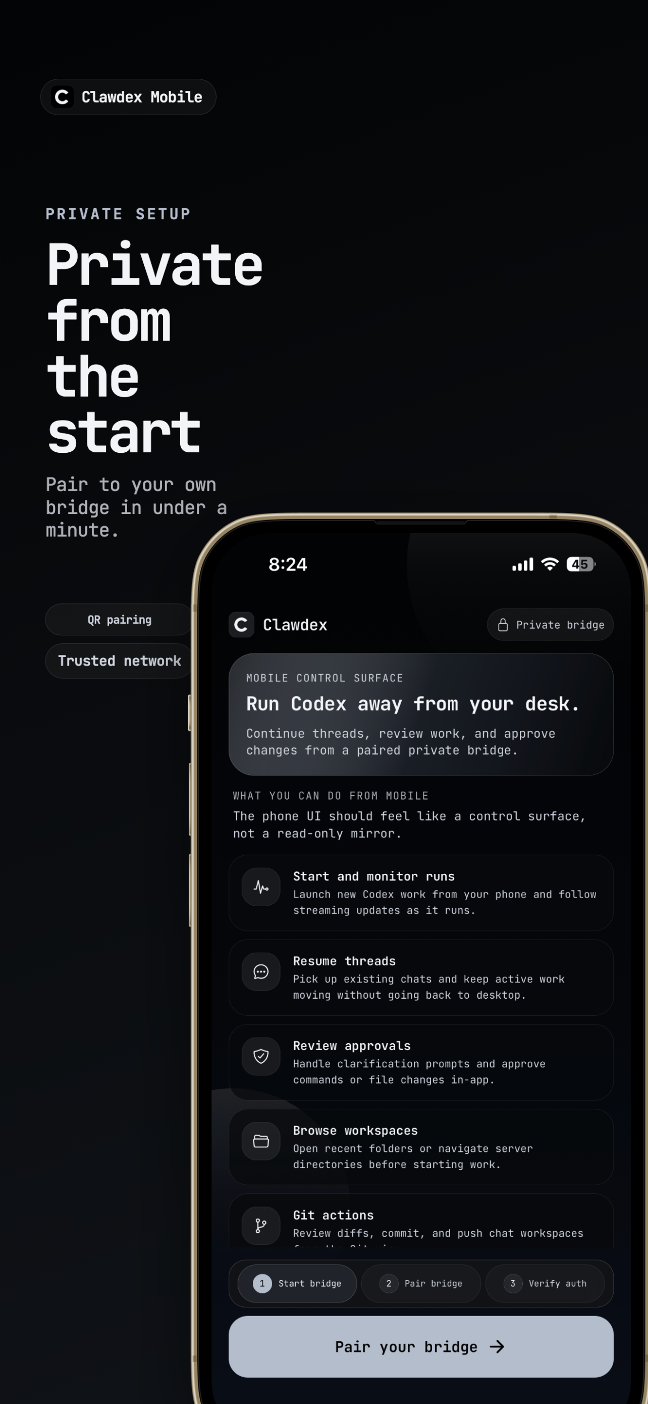 Clawdex Mobile App Store screenshot showing private bridge setup.
